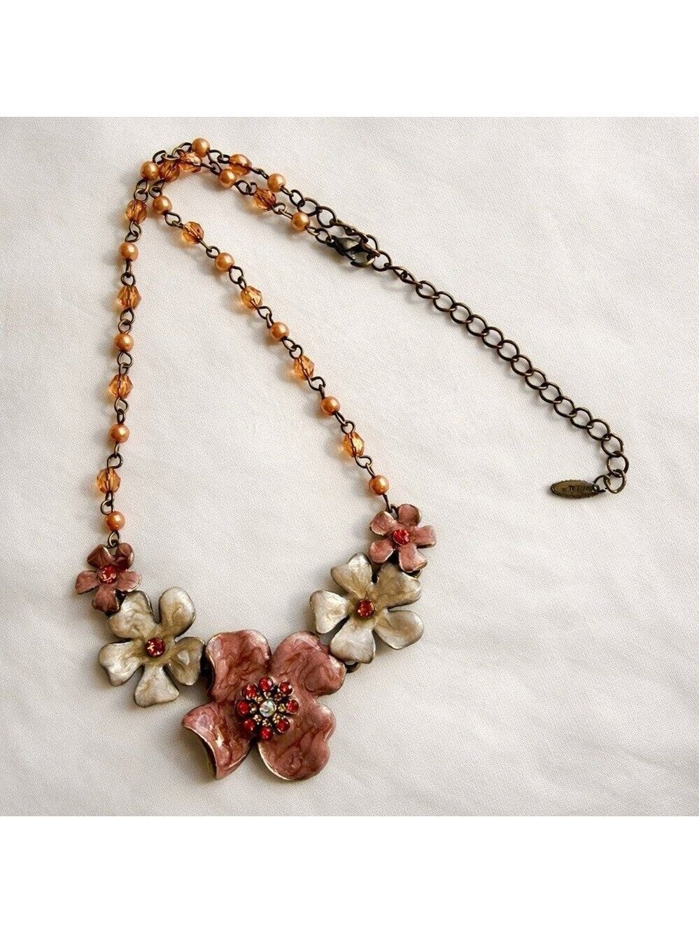 Vintage VCLM Floral Statement Necklace Rhinestone Flower Beaded 16" to 18"